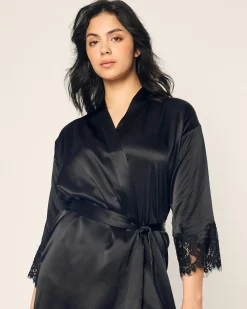 Women Petite Plume Women's Silk Lace Robe in Black