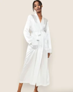 Women Petite Plume Women's Silk Long Robe in White