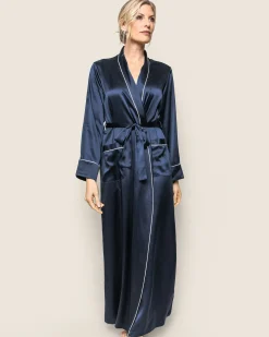 Women Petite Plume Women's Silk Long Robe in White