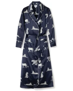 Women Petite Plume Women's Silk Long Robe in Panthère de Nuit