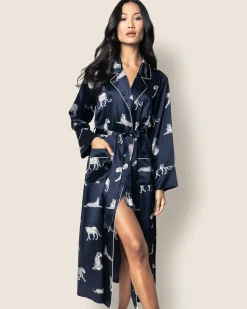 Women Petite Plume Women's Silk Long Robe in Panthère de Nuit