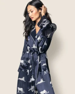 Women Petite Plume Women's Silk Long Robe in Panthère de Nuit