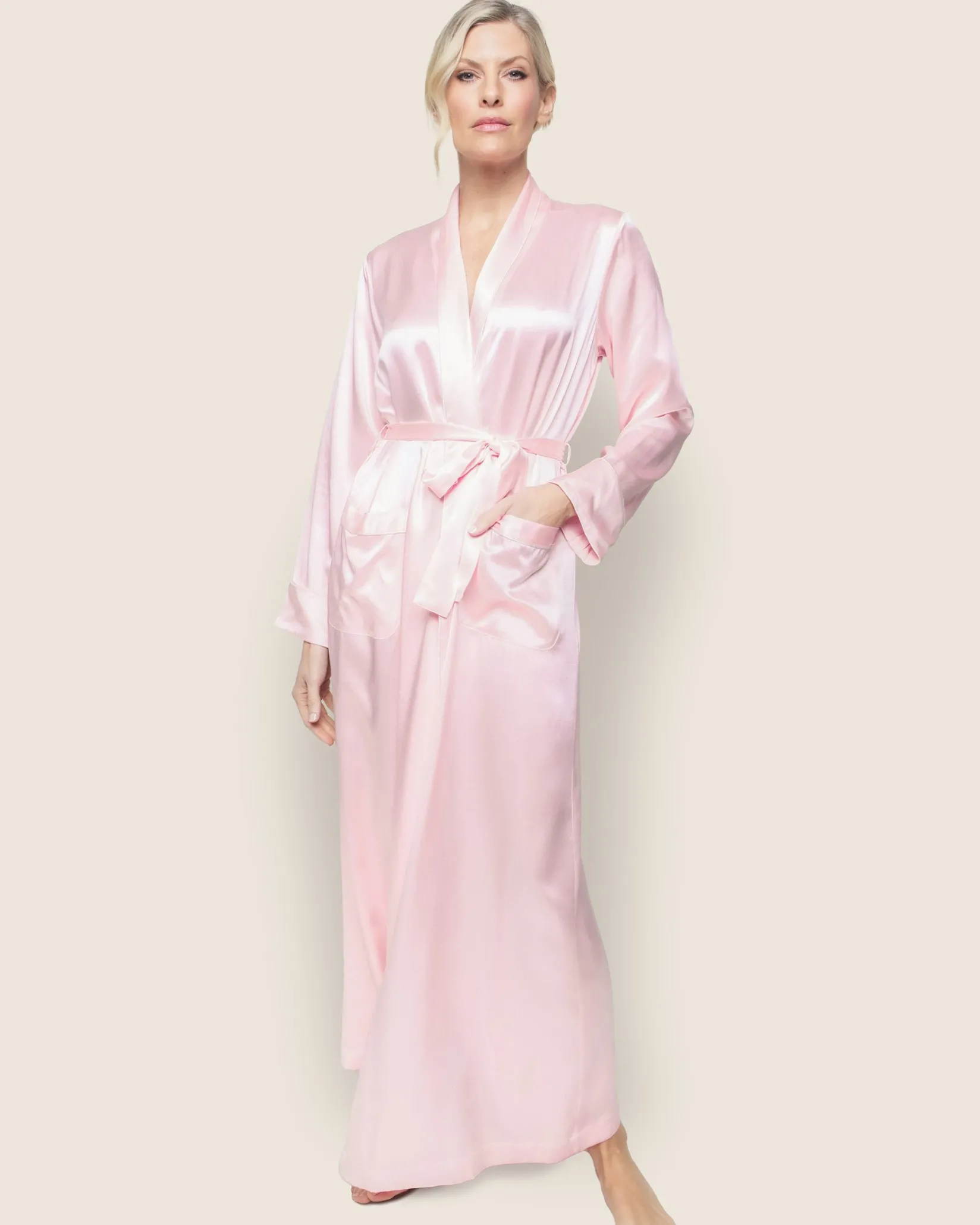 Women Petite Plume Women's Silk Long Robe in Pink