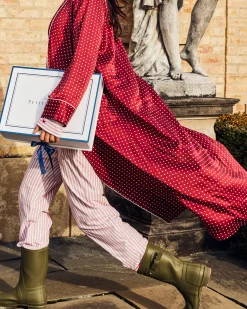 Women Petite Plume Women's Silk Long Robe in Bordeaux Polka Dot