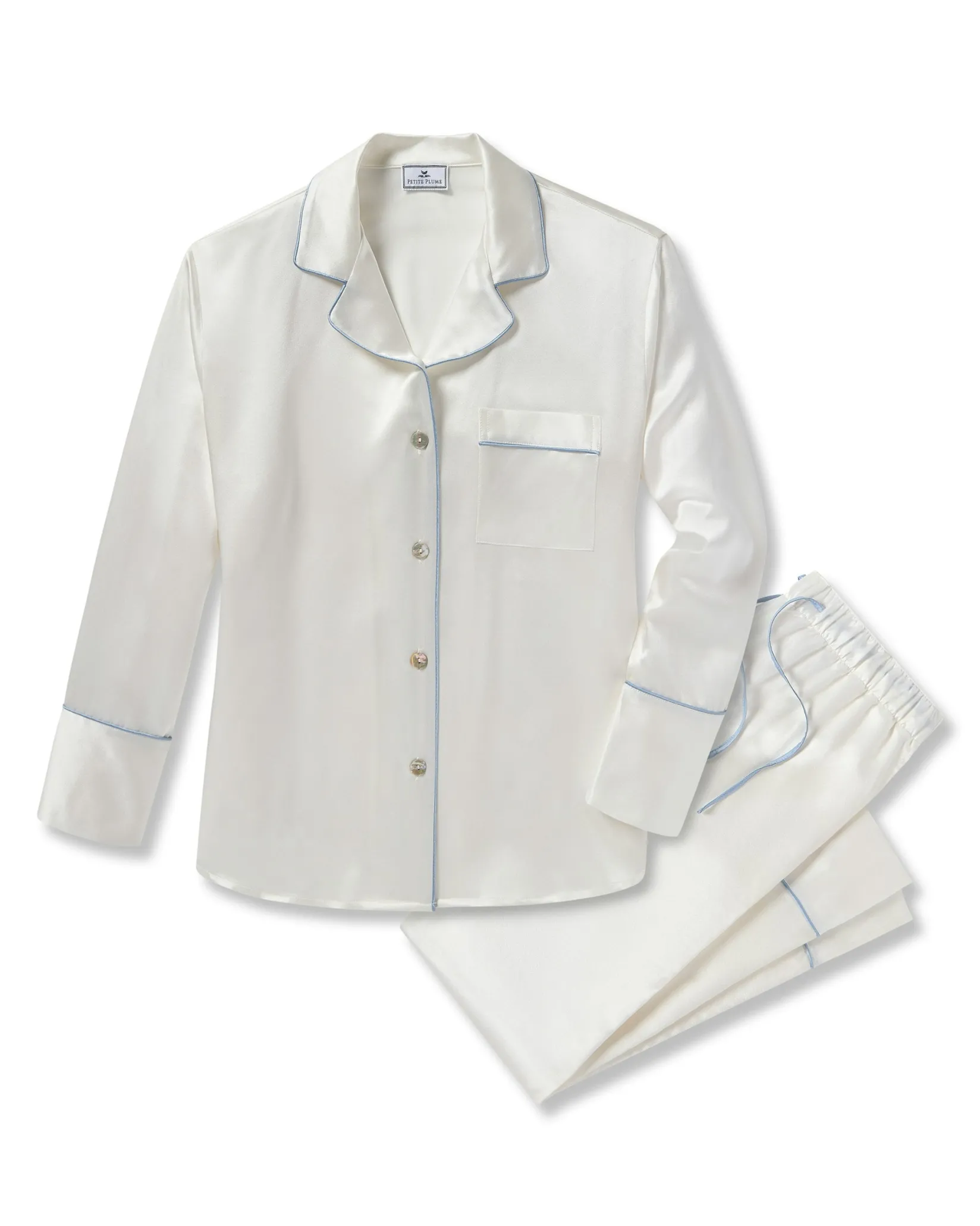 Women Petite Plume Women's Silk Pajama Set in White with Periwinkle Piping
