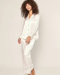 Women Petite Plume Women's Silk Pajama Set in White with Periwinkle Piping