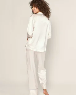 Women Petite Plume Women's Silk Pajama Set in White with Periwinkle Piping