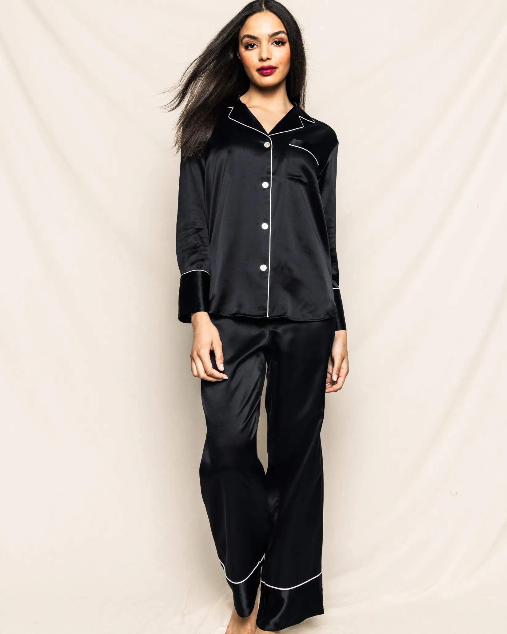 Women Petite Plume Women's Silk Pajama Set in White with Periwinkle Piping