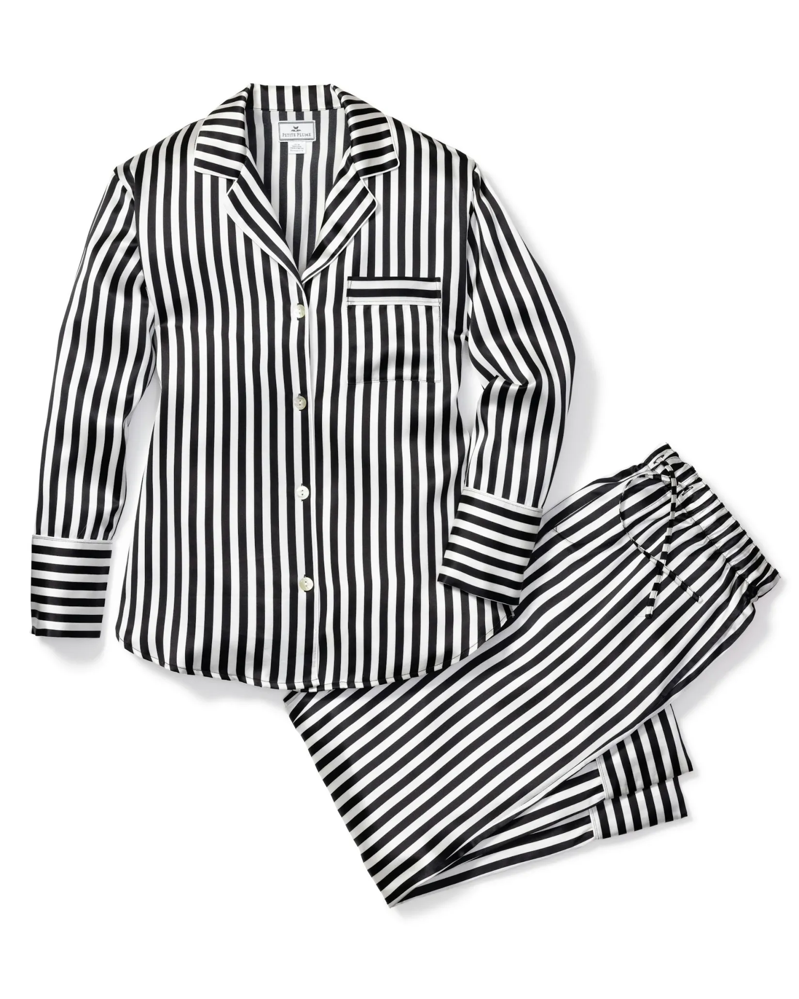Women Petite Plume Women's Silk Pajama Set in Black and White Bengal Stripe