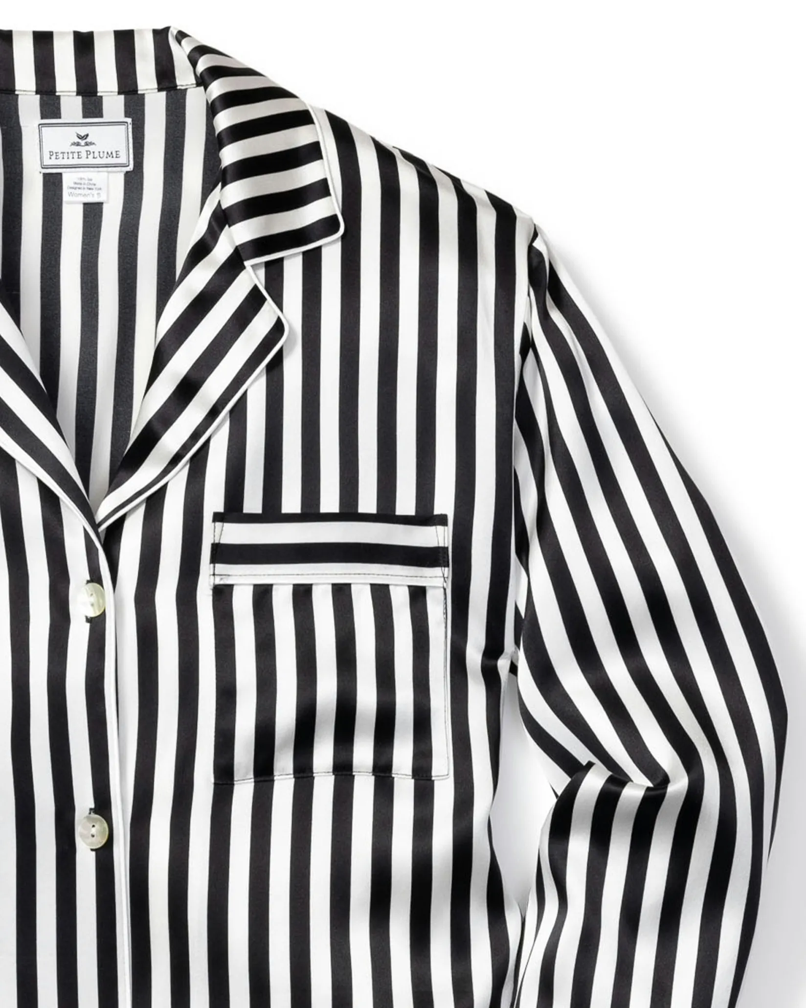 Women Petite Plume Women's Silk Pajama Set in Black and White Bengal Stripe