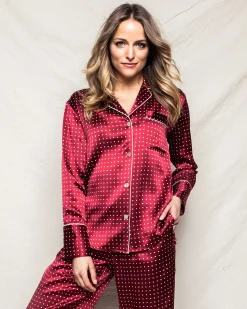 Women Petite Plume Women's Silk Pajama Set in Bordeaux Polka Dot