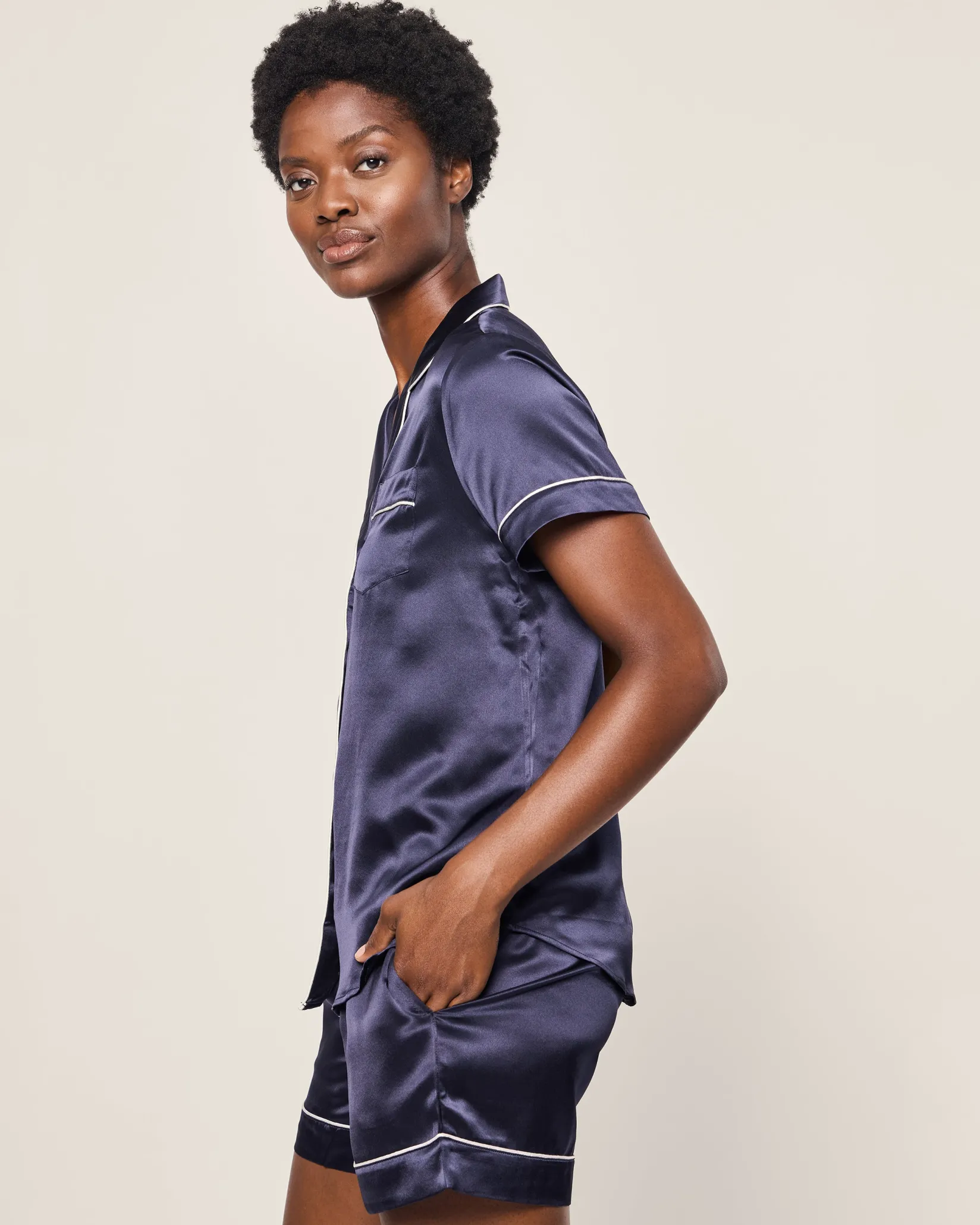 Women Petite Plume Women's Silk Short Set in Navy