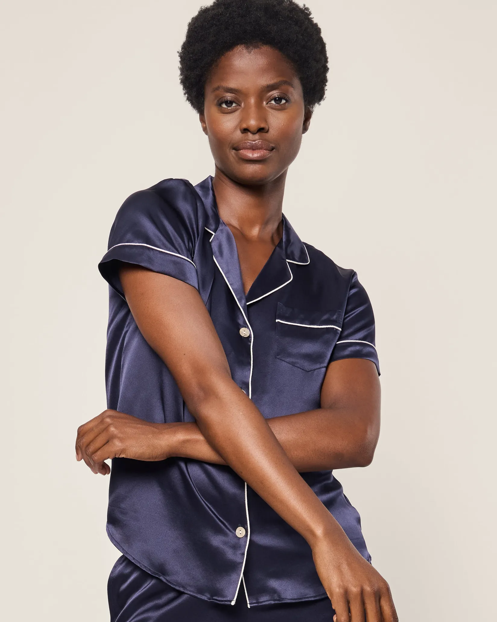 Women Petite Plume Women's Silk Short Set in Navy