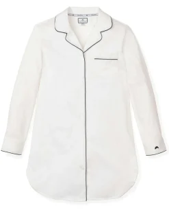 Women Petite Plume Women's Twill Nightshirt in White with Navy Piping