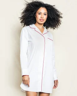 Women Petite Plume Women's Twill Nightshirt in White with Navy Piping