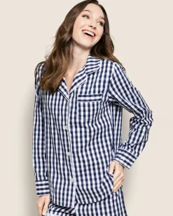 Women Petite Plume Women's Twill Pajama Long Sleeve Short Set in Navy Gingham