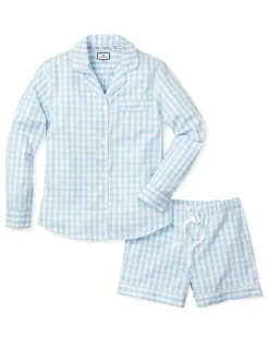 Women Petite Plume Women's Twill Pajama Long Sleeve Short Set in Navy Gingham