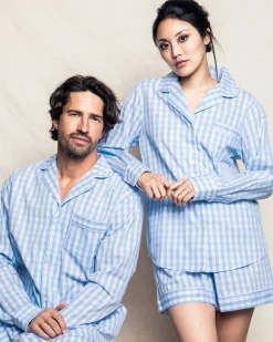 Women Petite Plume Women's Twill Pajama Long Sleeve Short Set in Navy Gingham