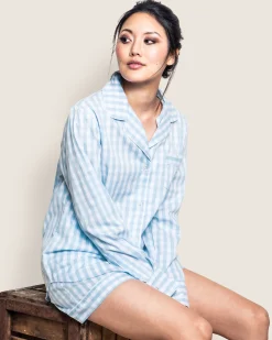 Women Petite Plume Women's Twill Pajama Long Sleeve Short Set in Light Blue Gingham