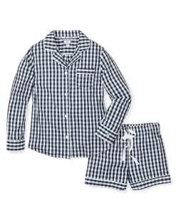 Women Petite Plume Women's Twill Pajama Long Sleeve Short Set in Light Blue Gingham