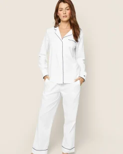 Women Petite Plume Women's Twill Pajama Set in White with Navy Piping