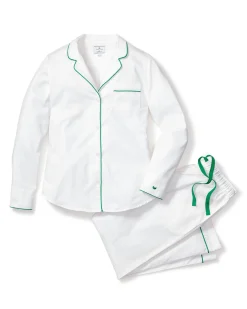 Women Petite Plume Women's Twill Pajama Set in White with Navy Piping