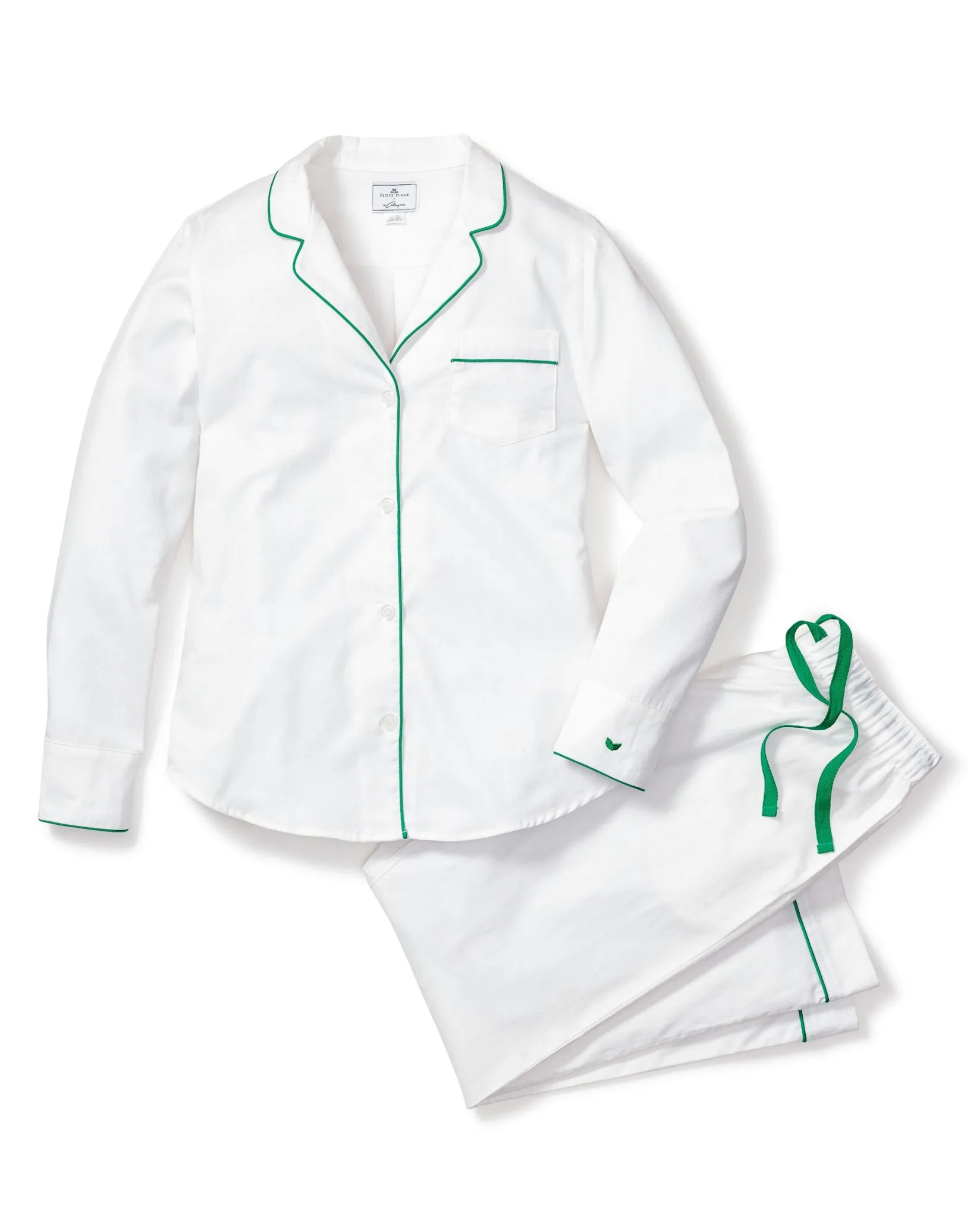 Women Petite Plume Women's Twill Pajama Set in White with Navy Piping