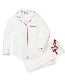 Women Petite Plume Women's Twill Pajama Set in White with Navy Piping
