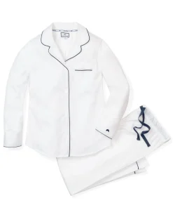 Women Petite Plume Women's Twill Pajama Set in White with Green Piping