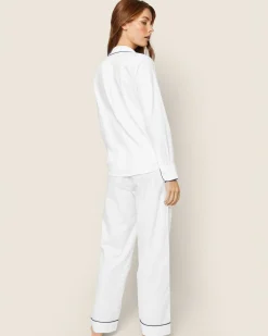 Women Petite Plume Women's Twill Pajama Set in White with Green Piping