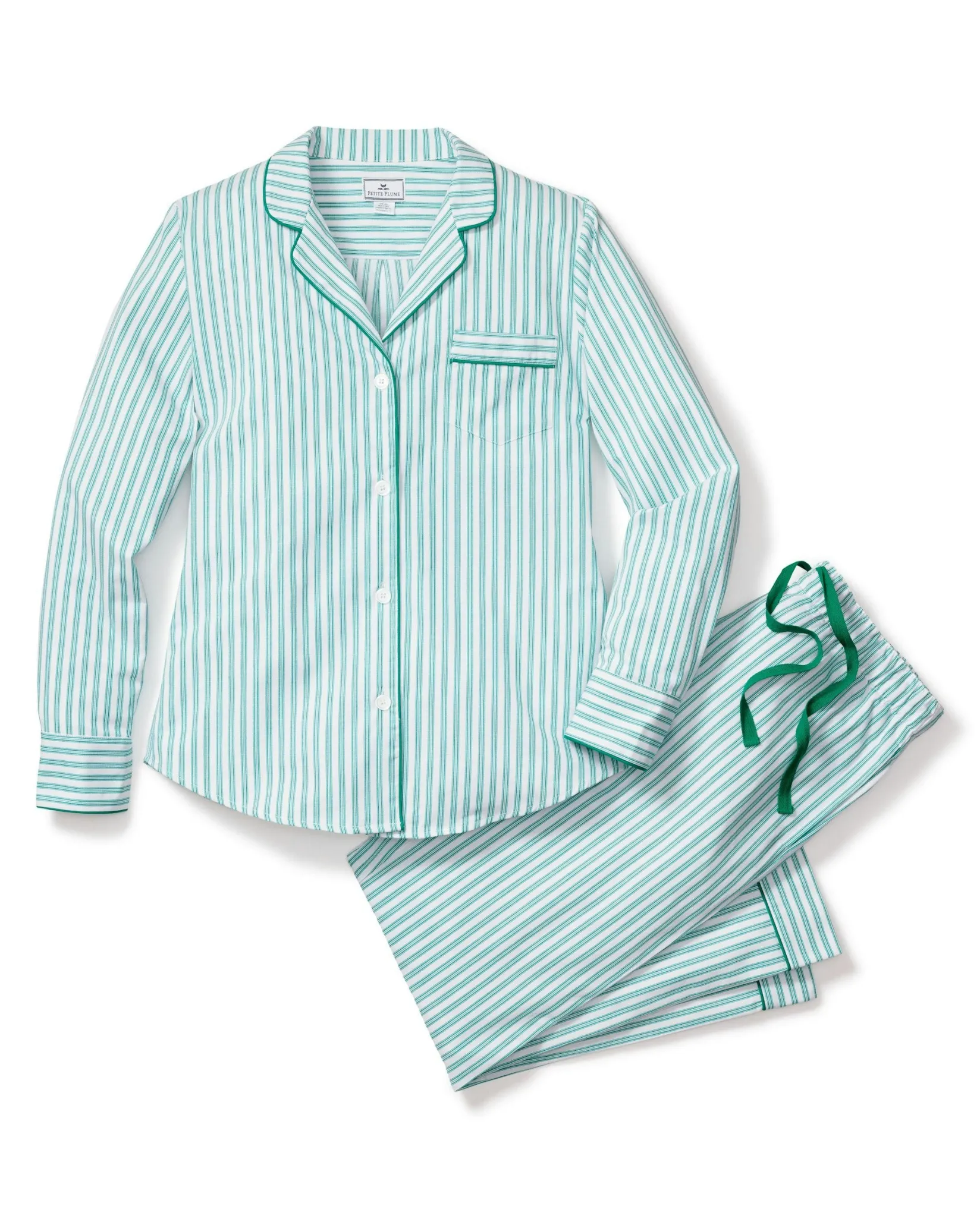 Women Petite Plume Women's Twill Pajama Set in Emerald Ticking