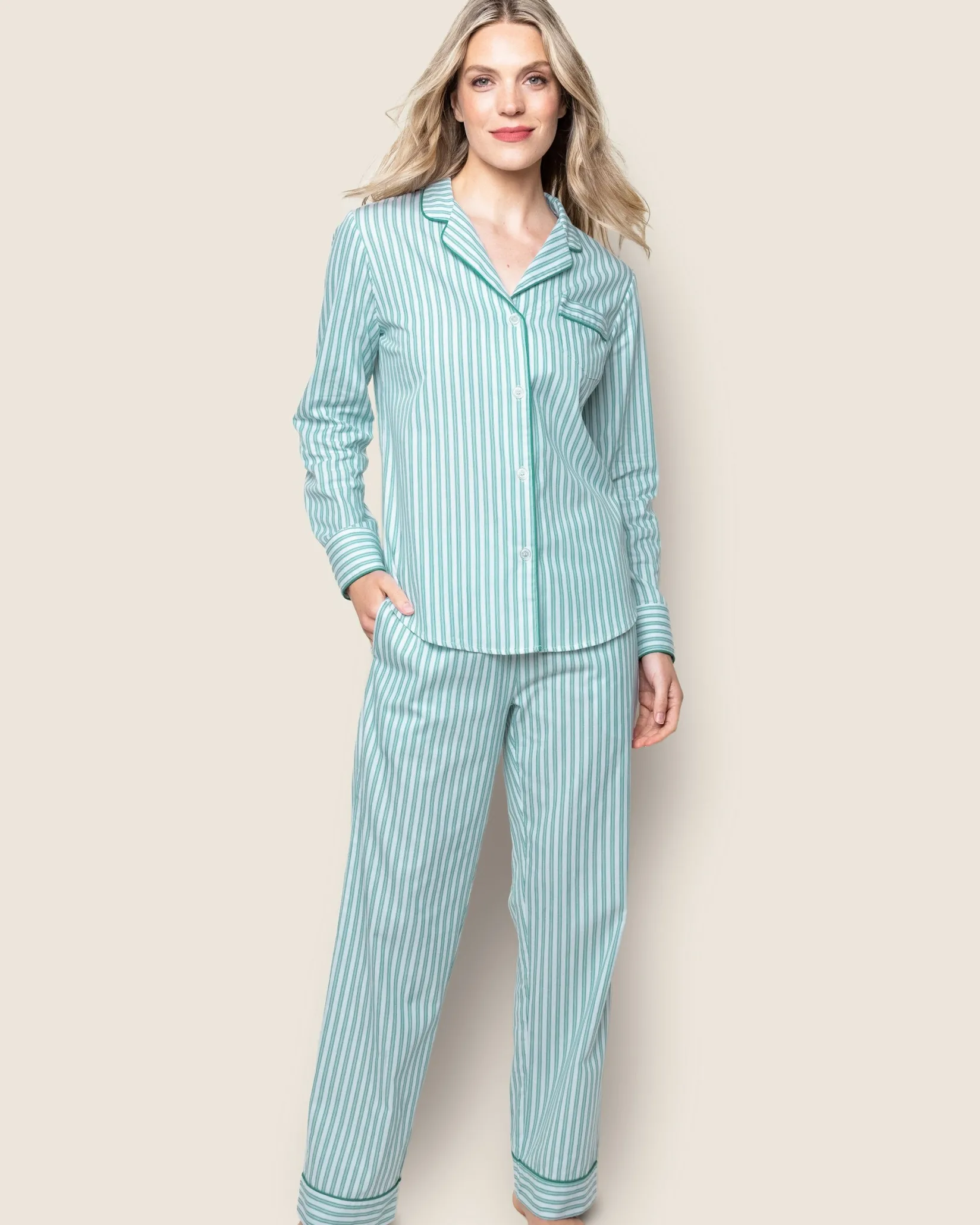Women Petite Plume Women's Twill Pajama Set in Emerald Ticking
