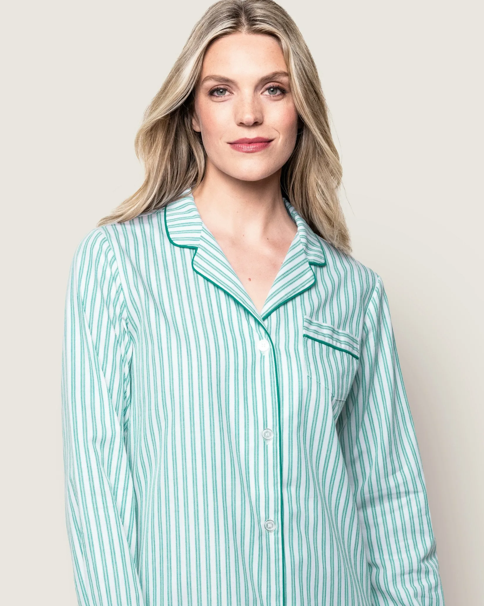 Women Petite Plume Women's Twill Pajama Set in Emerald Ticking
