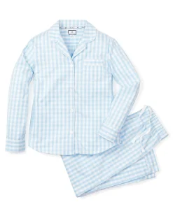 Women Petite Plume Women's Twill Pajama Set in Light Blue Gingham