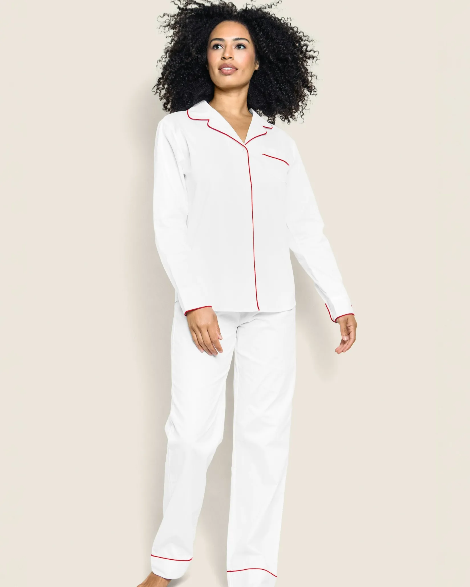 Women Petite Plume Women's Twill Pajama Set in White with Red Piping