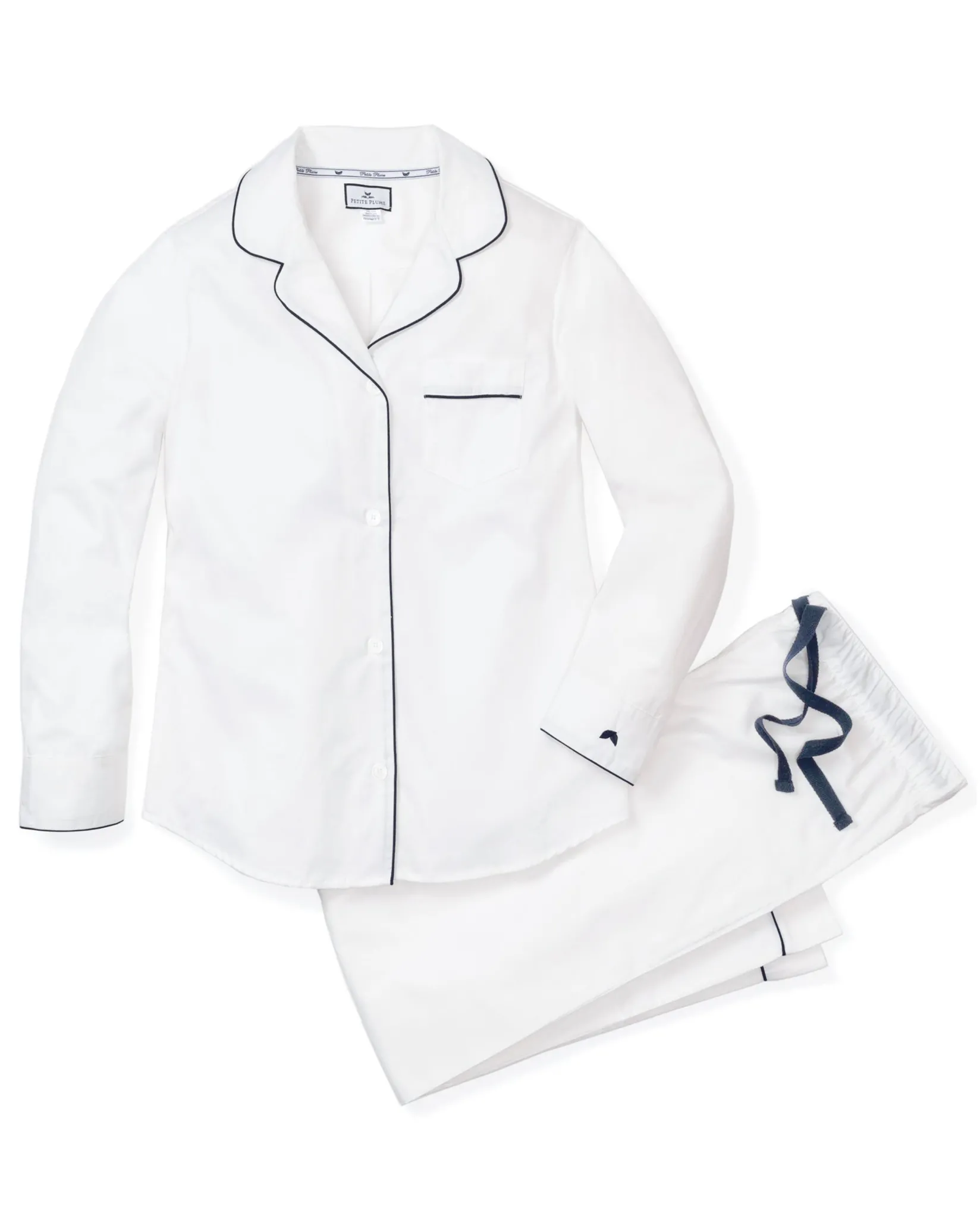 Women Petite Plume Women's Twill Pajama Set in White with Red Piping