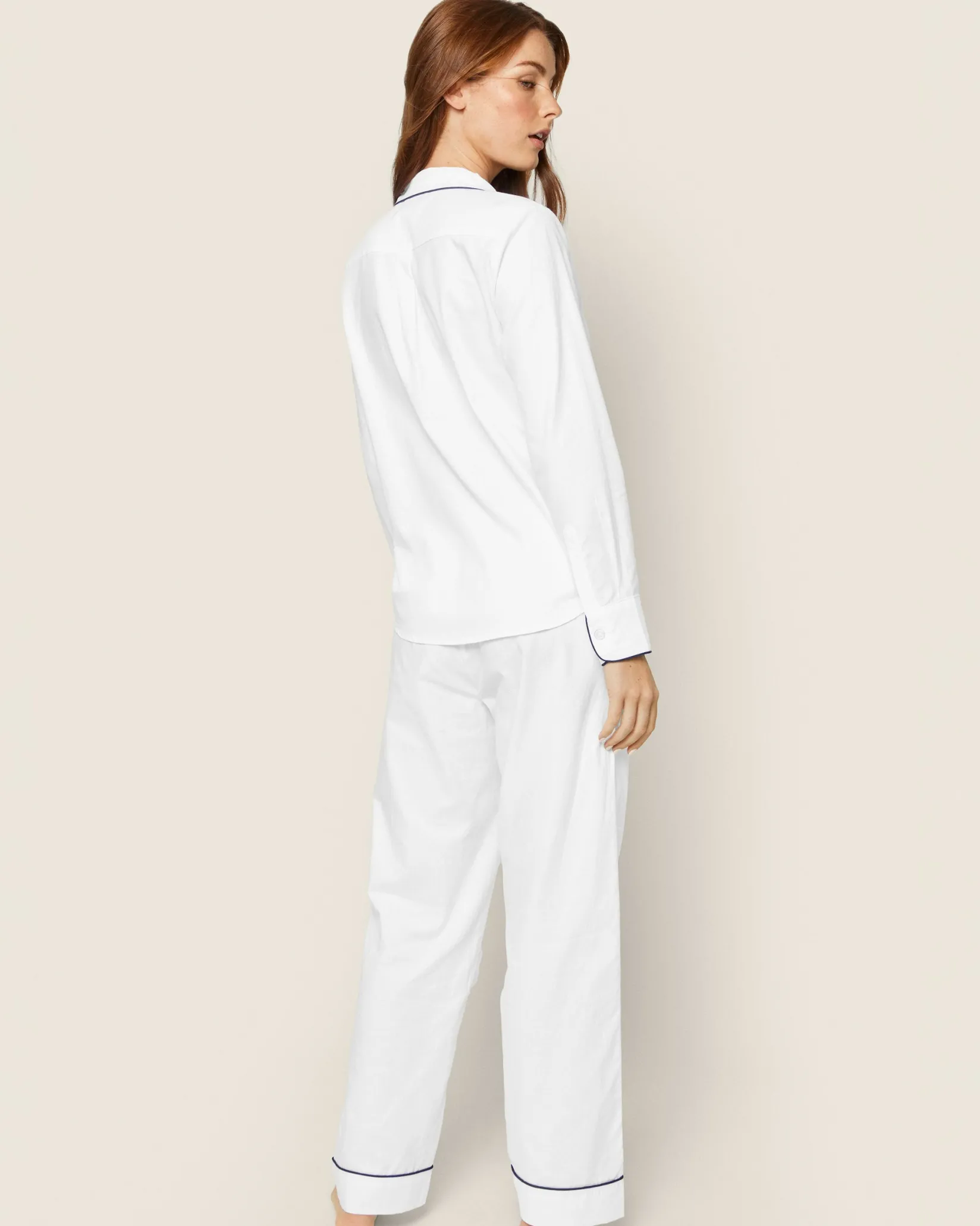 Women Petite Plume Women's Twill Pajama Set in White with Red Piping