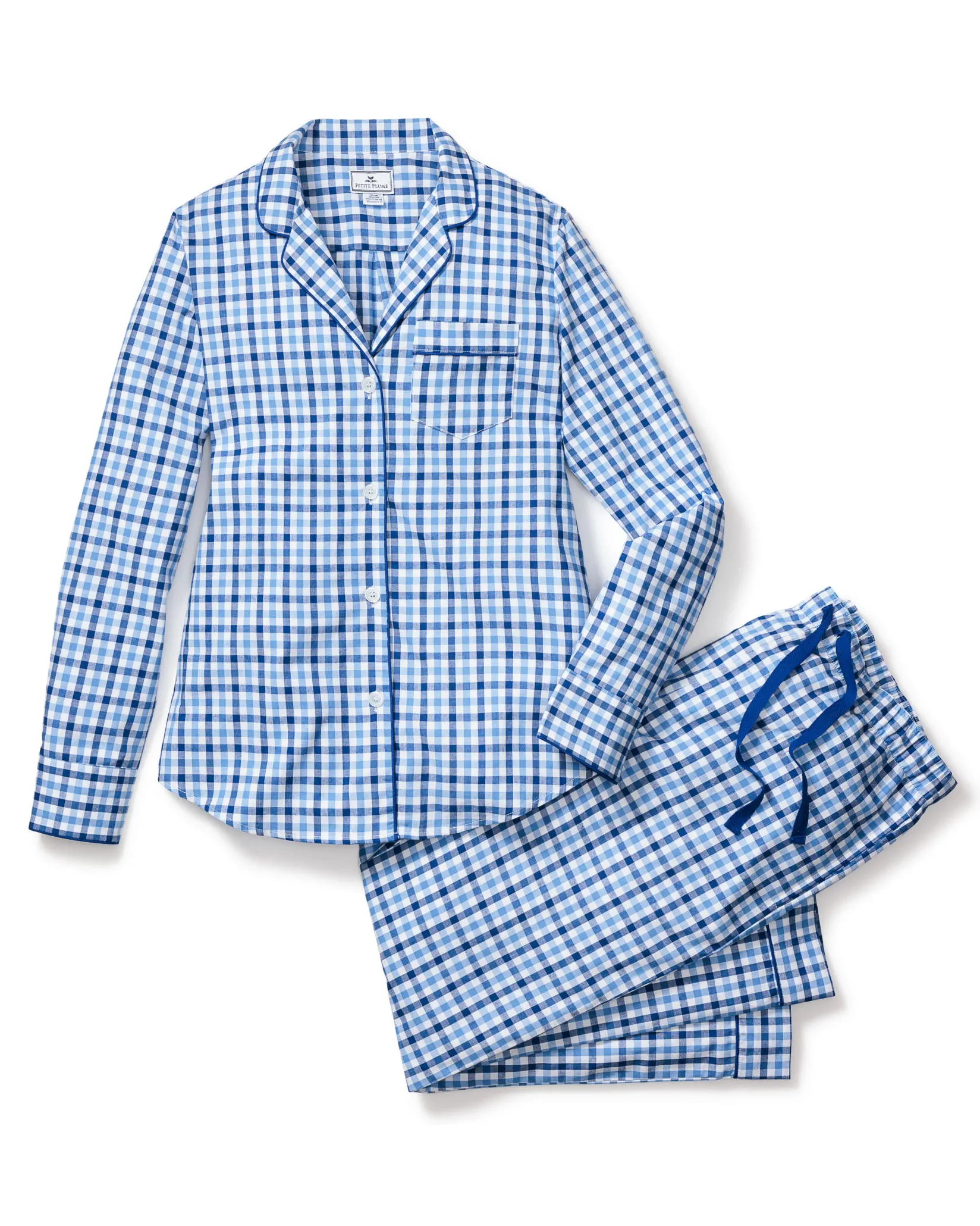 Women Petite Plume Women's Twill Pajama Set in Royal Blue Gingham