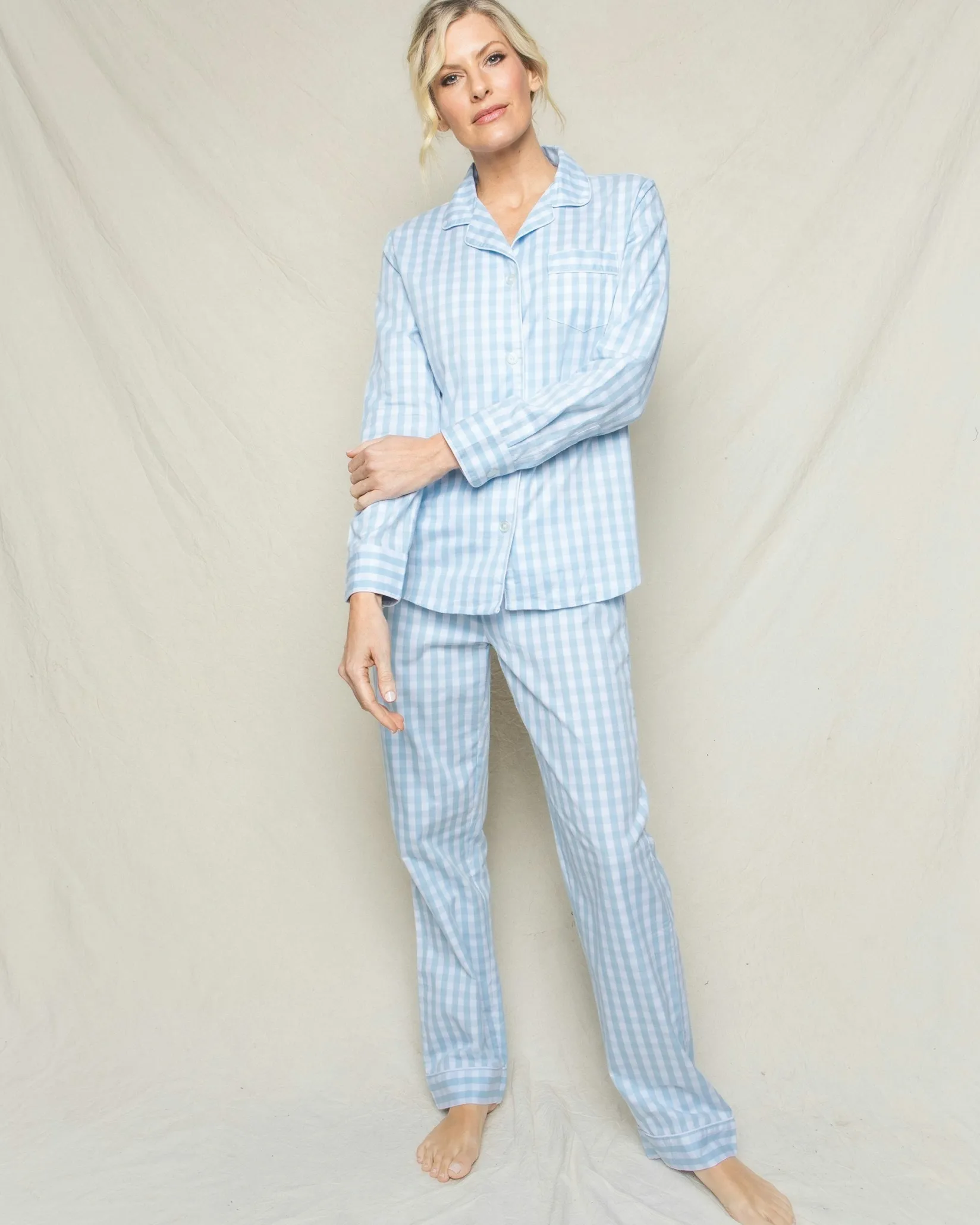 Women Petite Plume Women's Twill Pajama Set in Royal Blue Gingham