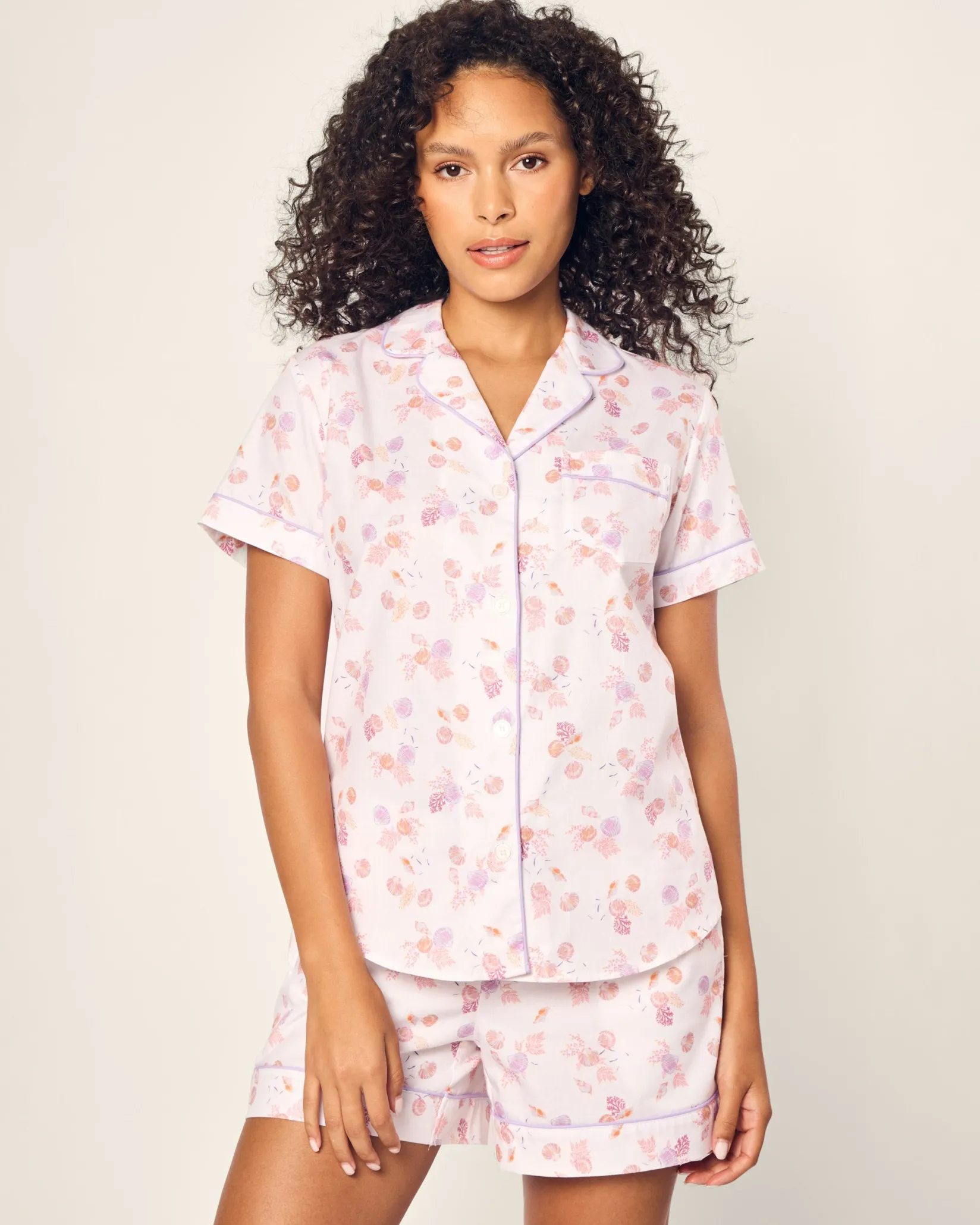 Women Petite Plume Women's Twill Short Sleeve Short Set in Seashell Splendor