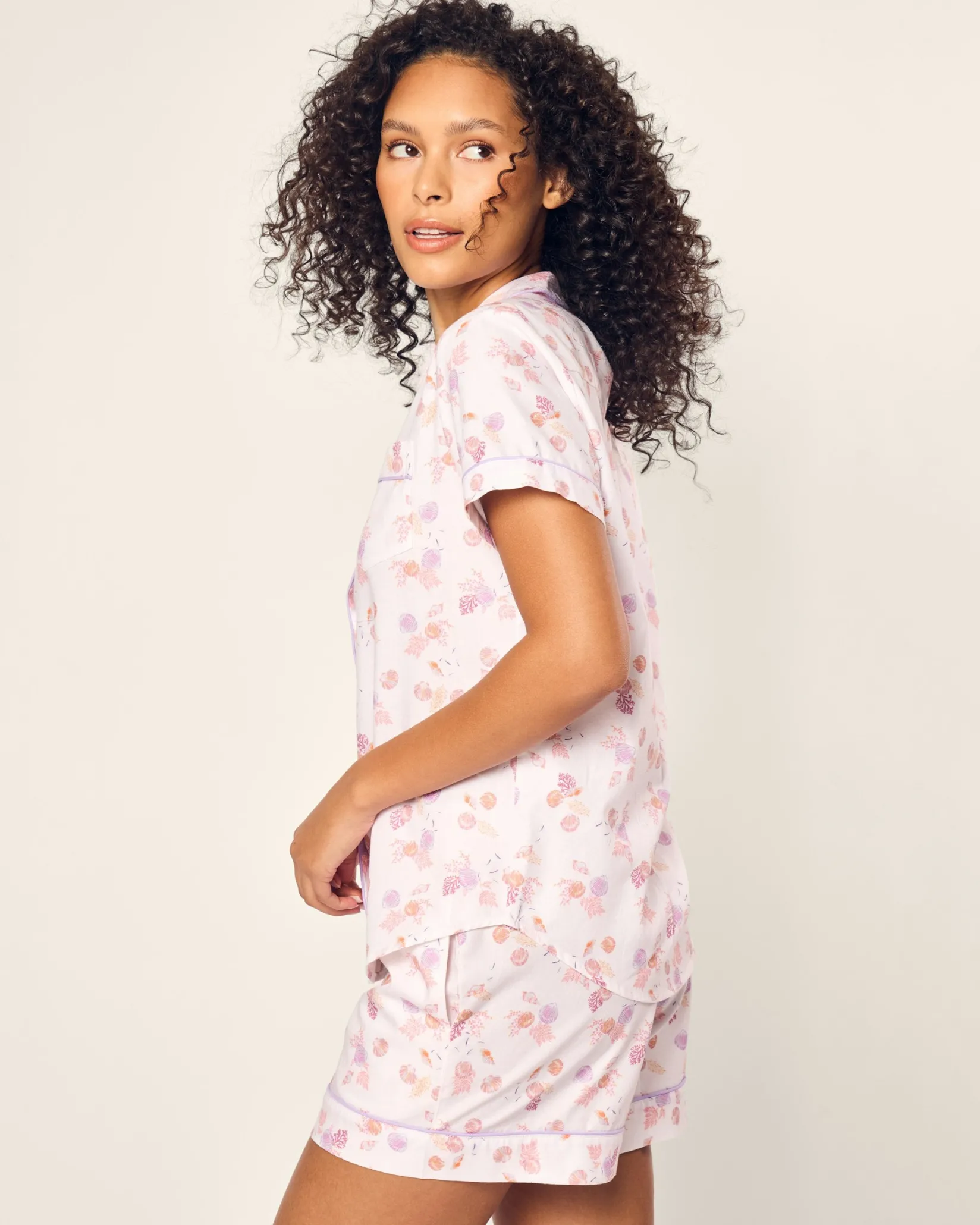Women Petite Plume Women's Twill Short Sleeve Short Set in Seashell Splendor