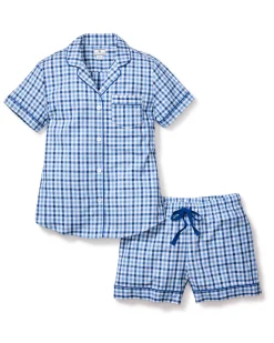 Women Petite Plume Women's Twill Short Sleeve Short Set in Royal Blue Gingham
