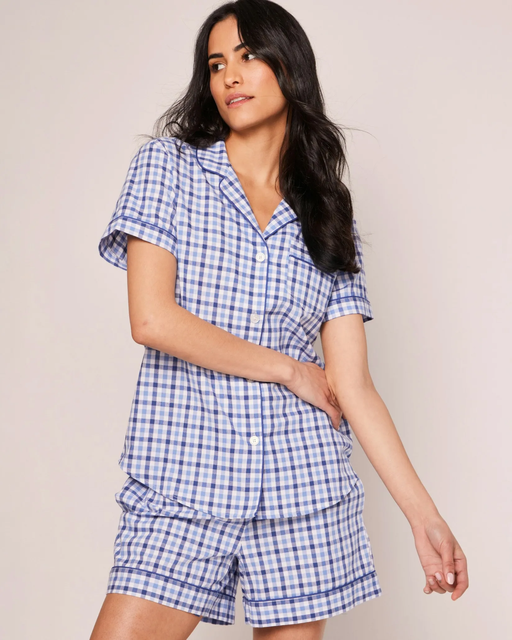 Women Petite Plume Women's Twill Short Sleeve Short Set in Royal Blue Gingham