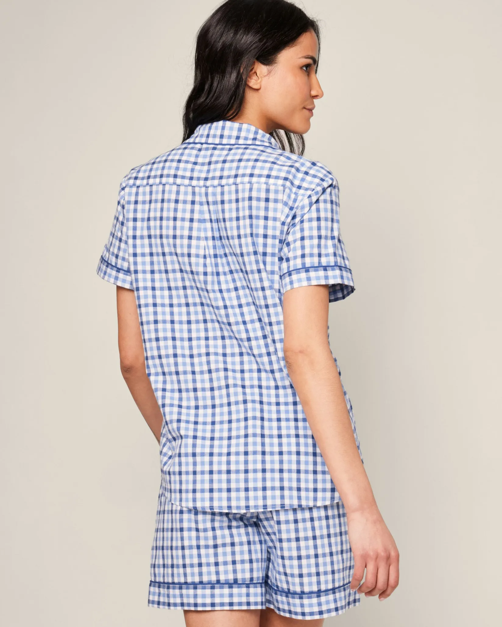 Women Petite Plume Women's Twill Short Sleeve Short Set in Royal Blue Gingham