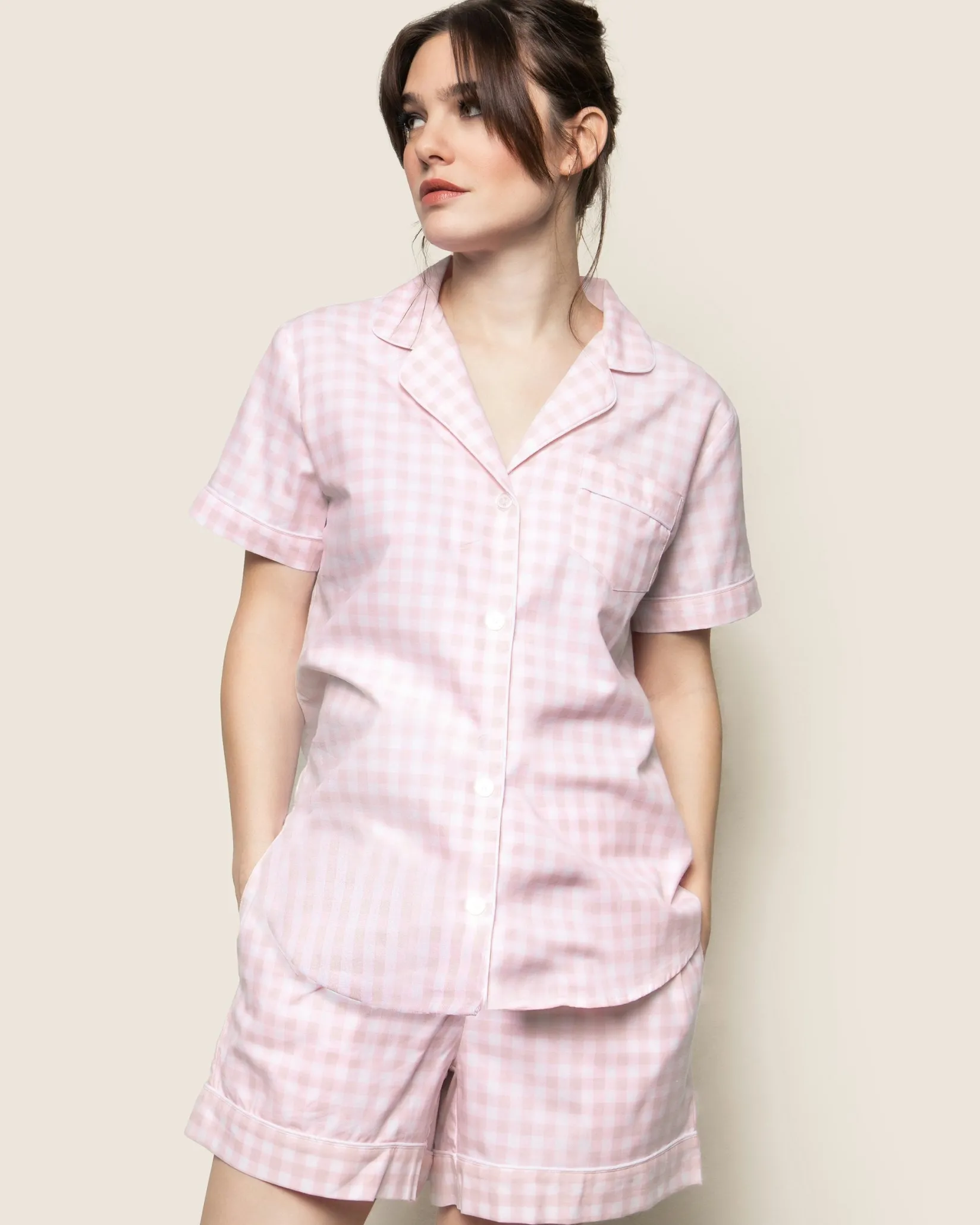 Women Petite Plume Women's Twill Short Sleeve Short Set in Royal Blue Gingham