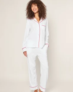 Women Petite Plume Women's White Pima Pajama Set with Red Piping
