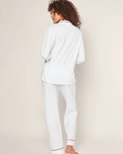 Women Petite Plume Women's White Pima Pajama Set with Red Piping