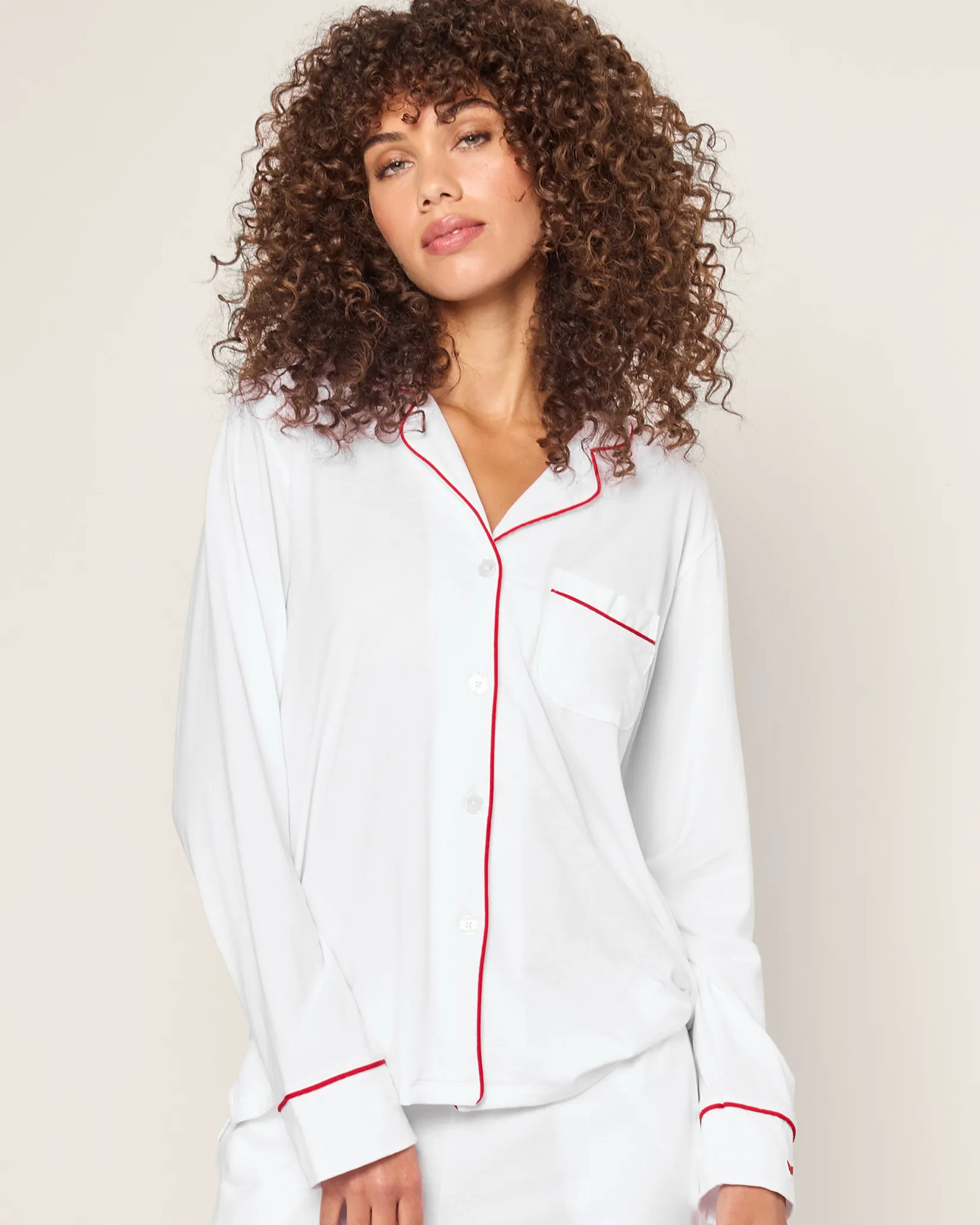 Women Petite Plume Women's White Pima Pajama Set with Red Piping